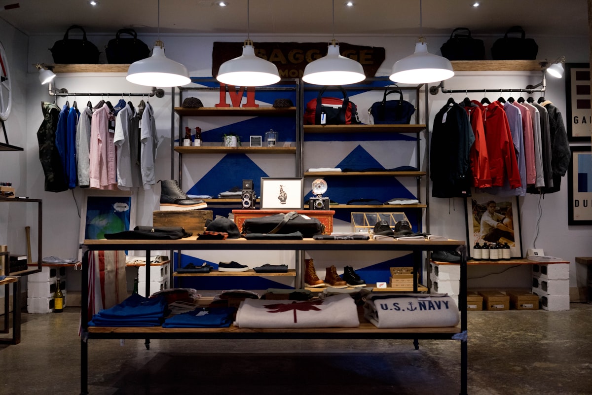 Boutique retail store interior with apparel displays