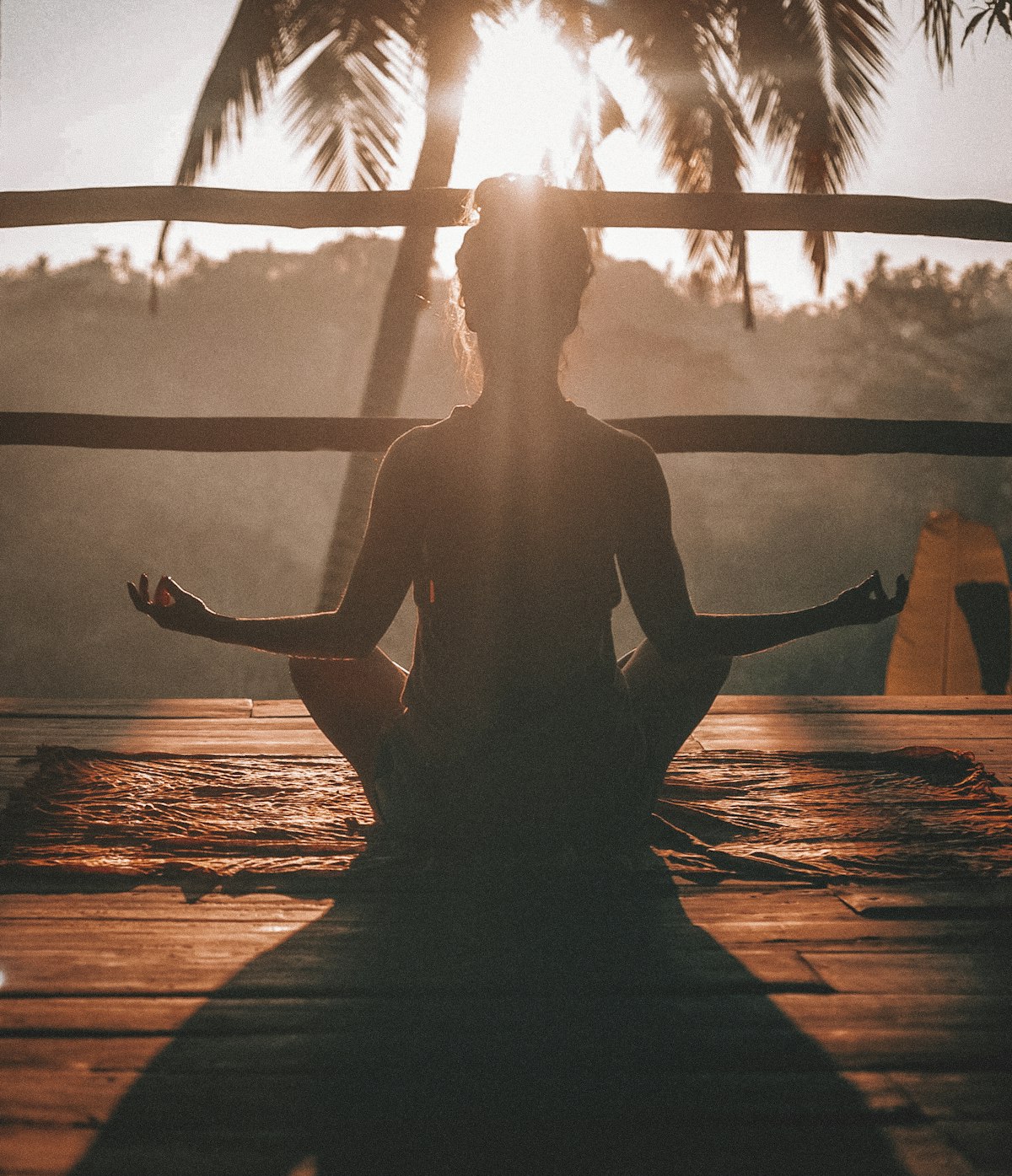 Yoga mats rolled out in a sunlit shala