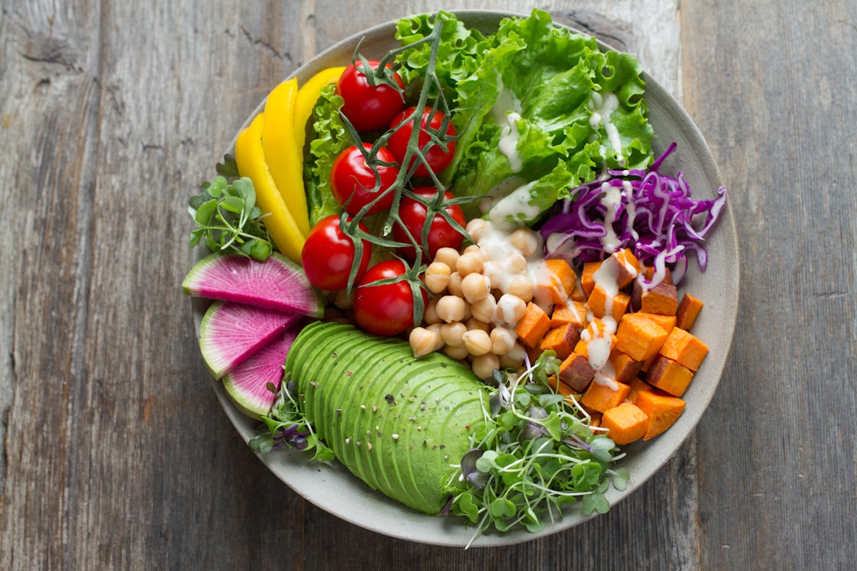 Fresh vegetable bowls with chickpeas and herbs