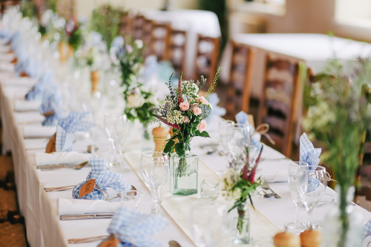 Reception tables set for a wedding banquet